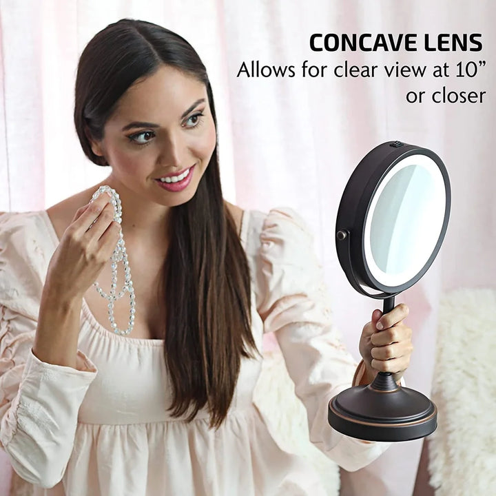 7 Inch Lighted Tabletop Makeup Mirror 1X 7X Magnification Dual Sided Swivel LED Battery Powered Great Vanity Bath Bedroom