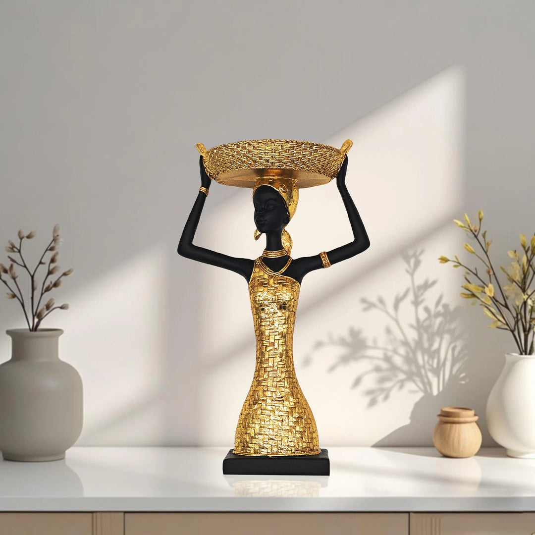 African Art Statue - 11.3" Figure Sculpture with Storage Tray,African Gold Lady Home Decor,for Living Room Figurines Decorations