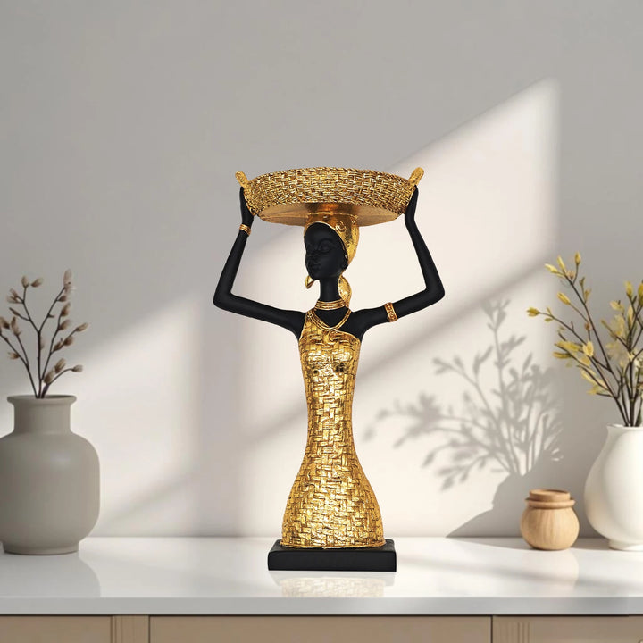 African Art Statue - 11.3" Figure Sculpture with Storage Tray,African Gold Lady Home Decor,for Living Room Figurines Decorations