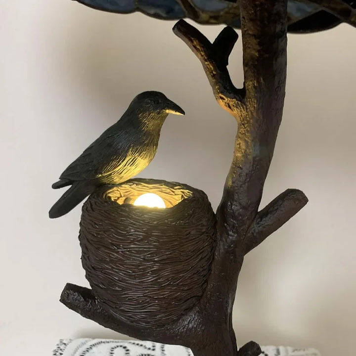 L10968 Raven Sitting on Bare Tree Branch in Full Moon Night Tiffany Style Stained Glass Table Lamp for Home Decor (Dark Bl