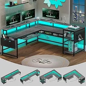 L Shaped Gaming Desk, Reversible Computer Desk, Gaming Desk with Power Outlets & LED Strip, Monitor Shelf, Keyboard Tray, Pegbo