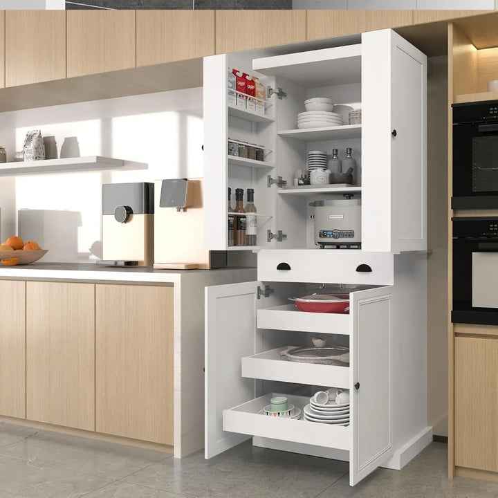 72.4" Kitchen Pantry Cabinet, Tall Storage Cabinet with Pull-Out Shelf Board and Drawer, Freestanding Cupboard with Ad