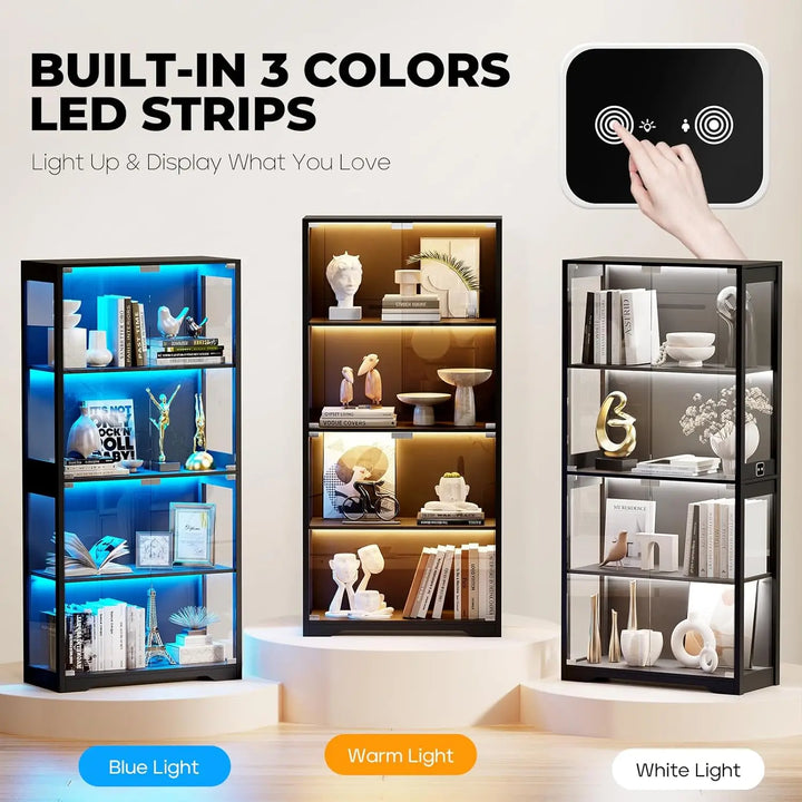 Display Cabinet with Glass Doors, 4-Tier Curio Cabinet with 3 Color Lights for Collectibles, Glass Display Case with Human