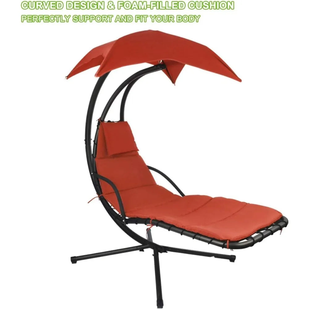 Patio Hanging Chaise Outdoor Lounger Padded Cushion Swing Hammock Chair w/Sun Shade Canopy Umbrella Stand [Orange]