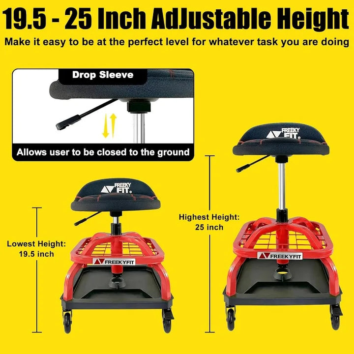 Shop Stool with Wheels, Garage Work Mechanic Stool with Backrest, Roller Mechanic Chair, Adjustable Height, 360° Swivel,