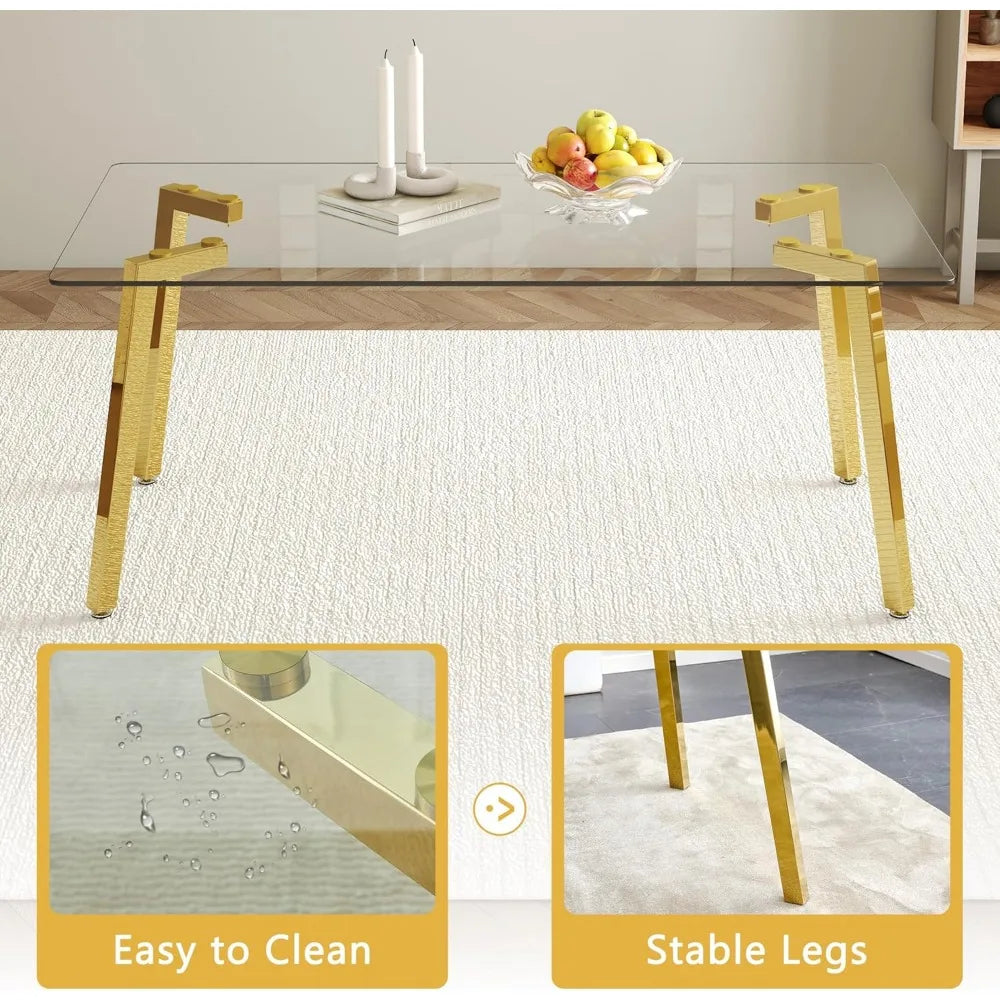 Modern Dining Table Set for 6,Glass Kitchen Table and Chairs,71''Gold Dining Room Table &Generous Legroom with 6 White Leather