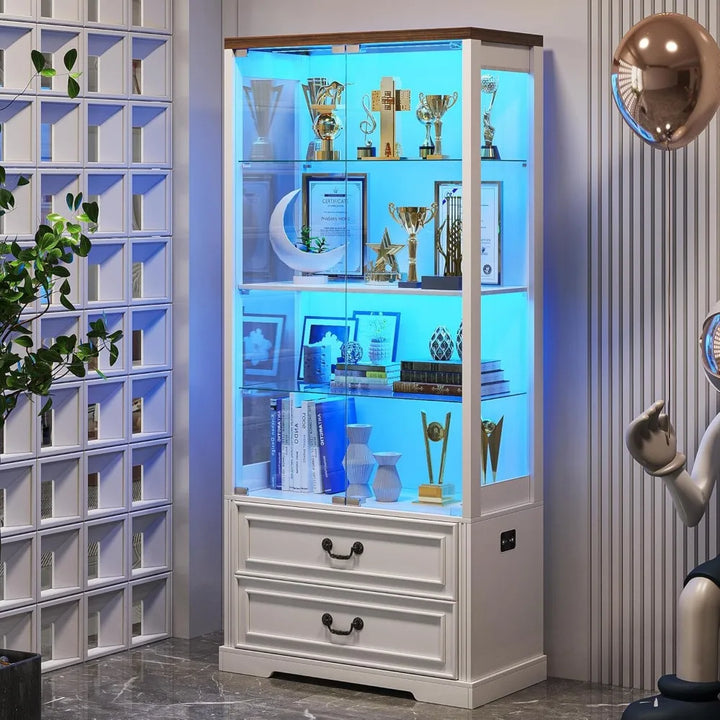 Display Cabinet with Glass Doors,67" Adjustable Display Shelf with 2 Drawers and 4 Tier Curio Cabinet,Tall Bookcase with 3 Color