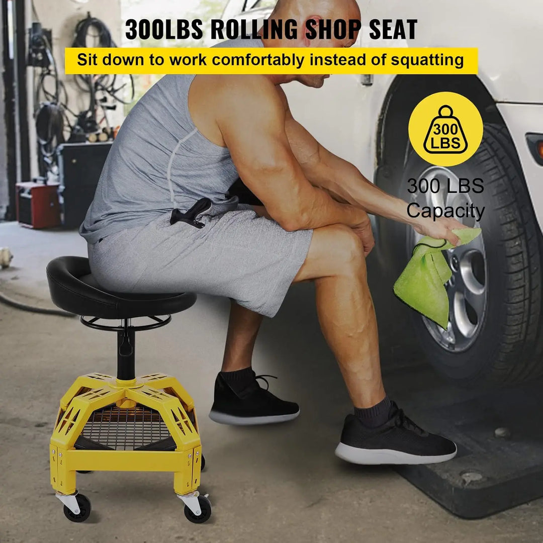 Rolling Garage Stool, 300LBS Capacity, Adjustable Height from 24 in to 28.7 in, Mechanic Seat with 360-degree Swivel Wheels