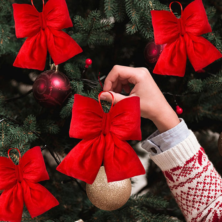 Festive Red Velvet Ribbon Bow with Sparkling Gold Trim - Elegant Holiday Tree Decoration or Gift Topper