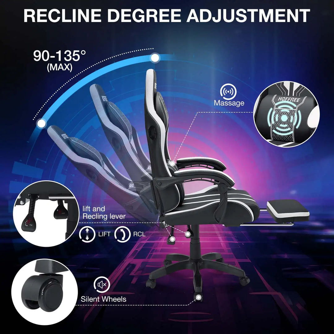 Gaming Chair Office Chair Ergonomic Bluetooth Speaker LED Lights Massage  Adjustable Height Armrests Headrest Lumbar Support