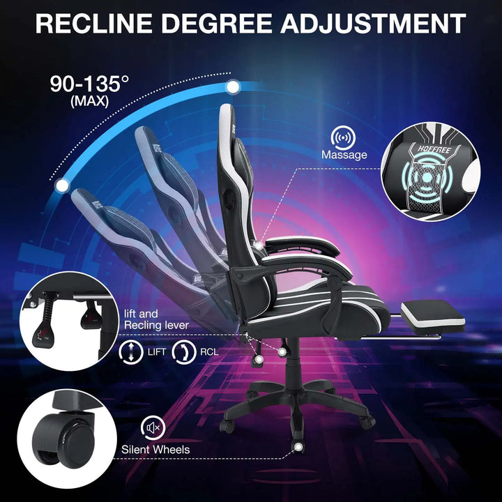 Gaming Chair Office Chair Ergonomic Bluetooth Speaker LED Lights Massage  Adjustable Height Armrests Headrest Lumbar Support