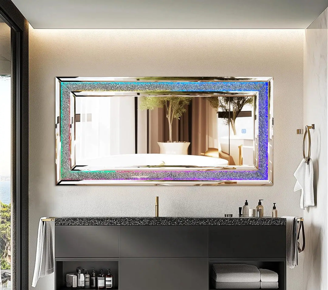 120x60cm LED Full Length Mirror with 7 Colors RGB Lights and Crushed Diamond Full Body Wall Mirror for Living Room, Bedroom