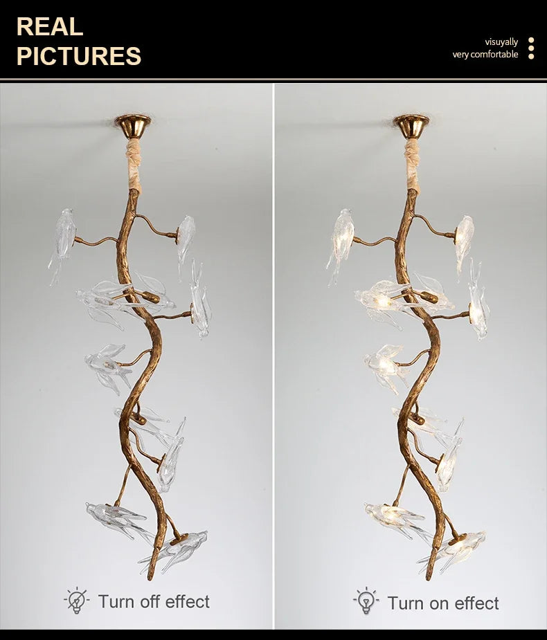 Luxury Branch Chandelier Glass Bird Crystal Led Ceiling Chandelier for Dining Room Bedroom Hotel Vintage Living Room Chandelier