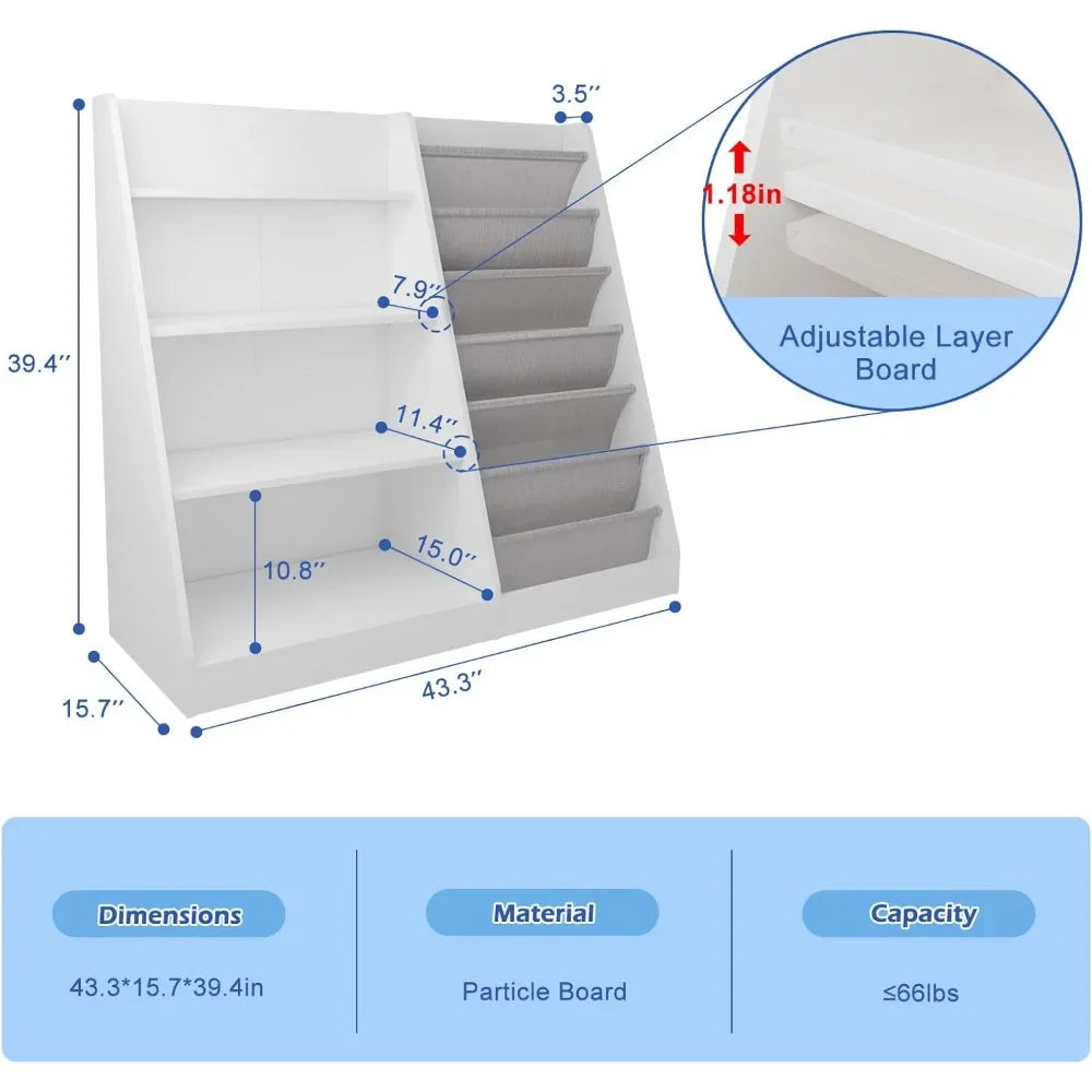 "White Kids Bookshelf, Wooden Toy Storage Organizer Cabinet – Toddler-Friendly Bookcase with Sling Racks & Adjustable Shelves"