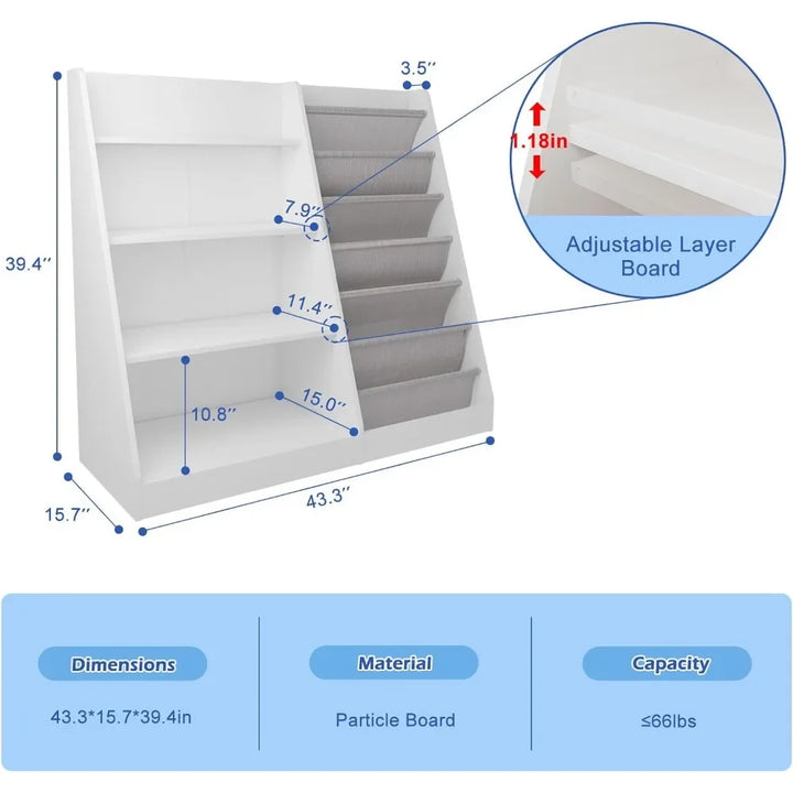 "White Kids Bookshelf, Wooden Toy Storage Organizer Cabinet – Toddler-Friendly Bookcase with Sling Racks & Adjustable Shelves"