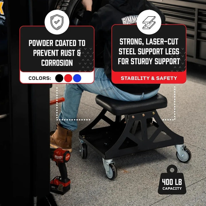 Garage Stool w/Removable Seat for Mechanics,Automotive, DIY,400 lb Capacity Rolling Shop Chair,Black Seat, Blue Frame