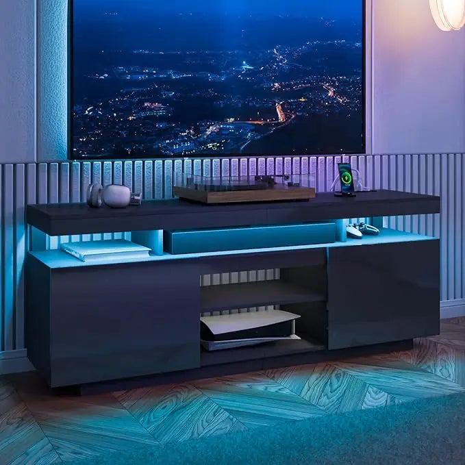 LED TV Stand for 70/65/60/55 inch TV Entertainment Center with Power Outlets, Gaming TV Consoles with Storage Media Table