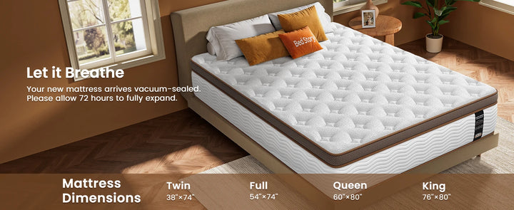 BedStory 12-14'' Hybrid Queen Size Mattress - Full/King - Medium Firm - Gel Memory Foam & Innersprings for Comfortable Sleep