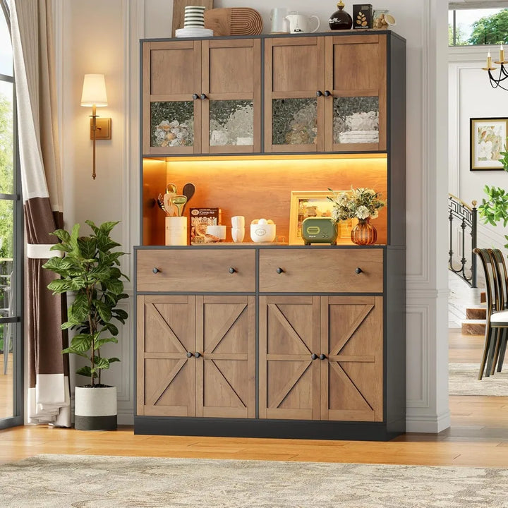 71" Pantry Cabinet with LED Light and Charging Station, Farmhouse Kitchen Pantry Cabinet with Microwave Stand, 47.2" W