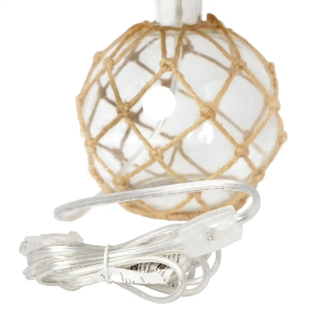 Buoy Rope Nautical Mesh Coastal Ocean Glass Table Lamp, woven from natural rope with a burlap shade
