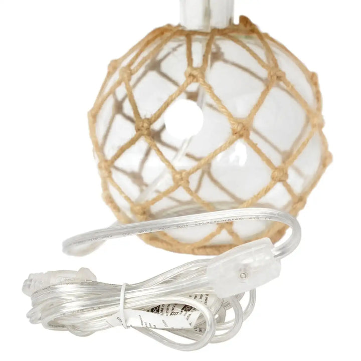 Buoy Rope Nautical Mesh Coastal Ocean Glass Table Lamp, woven from natural rope with a burlap shade
