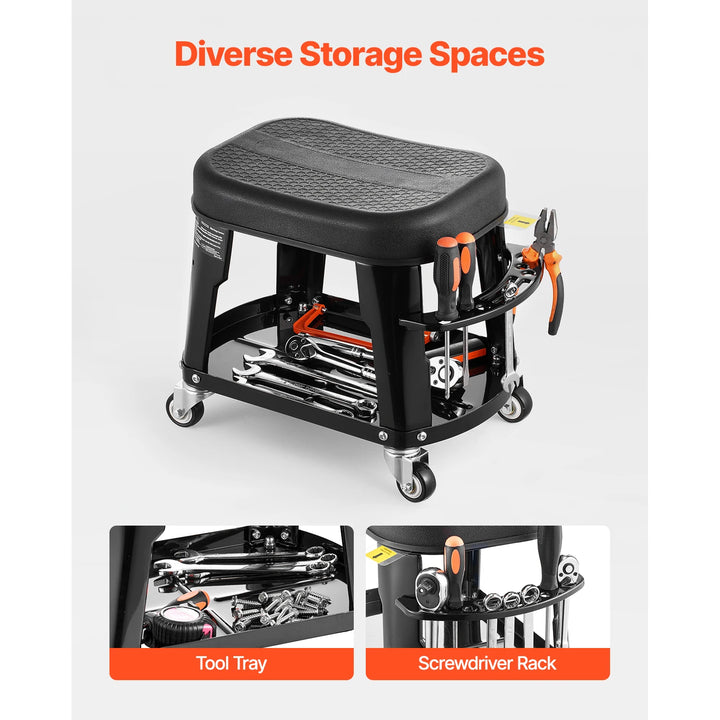 SucceBuy Mechanic Stool 300lbs Garage Seat with Wheels 360° Swivel Rolling Workshop Stool with Tool Tray for Garage, Shop Repair