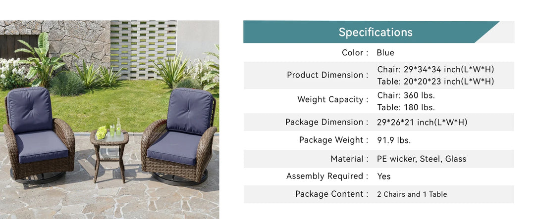 HOOMIC 3 Pieces Patio Furniture Set, Patio Bistro Set, Outdoor Rotating Rocking Chair Set, Cozy and Padded Cushions Alleiwe