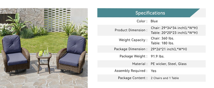 HOOMIC 3 Pieces Patio Furniture Set, Patio Bistro Set, Outdoor Rotating Rocking Chair Set, Cozy and Padded Cushions Alleiwe