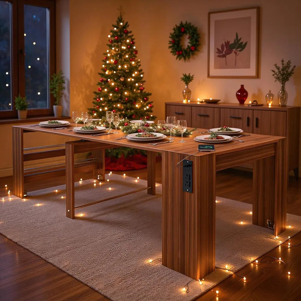 expandable dining table seats 2-12, space-saving design with storage for gatherings and events