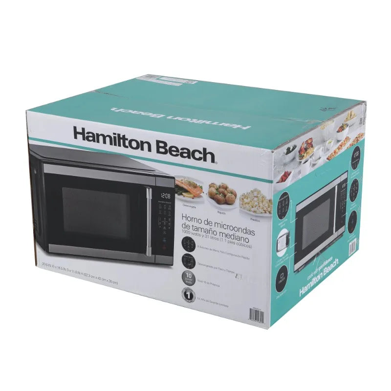 Hamilton Beach 1.1 Cu ft Countertop Microwave Oven, White and Stainless Steel