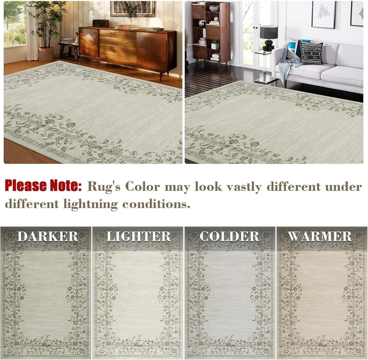 Washable Area Rug for Bedroom Farmhouse Rugs for Living Room Indoor Floral Bordered Large Rug Soft Carpet for Dining Room Office
