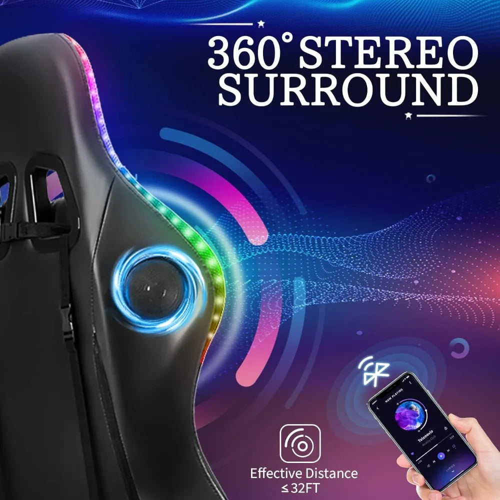 Ergonomic Gaming Chair with Massage, Bluetooth Speakers, LED Lights, and Footrest for Comfortable Video Gaming