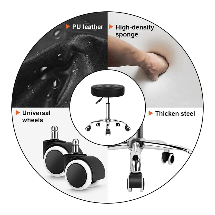 KKTONER Round Rolling Stool PU Leather Height Adjustable Swivel Drafting Work SPA Medical Salon Stools Chair with Wheels Black