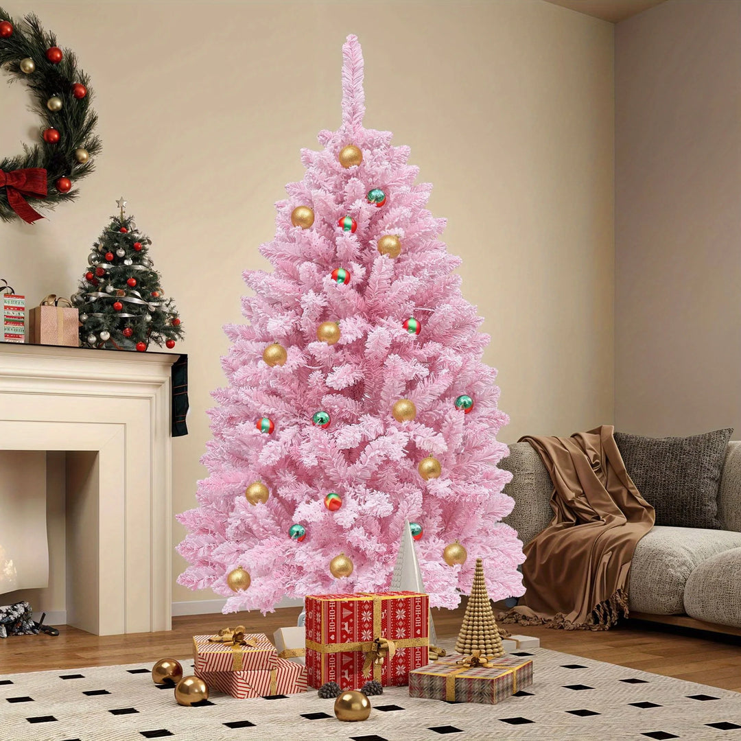 4.5ft Pre-Lit Pink Artificial Christmas Tree, Flocked Spruce Artificial Christmas Tree with 400 PVC Tips and 200 Lights, Pink
