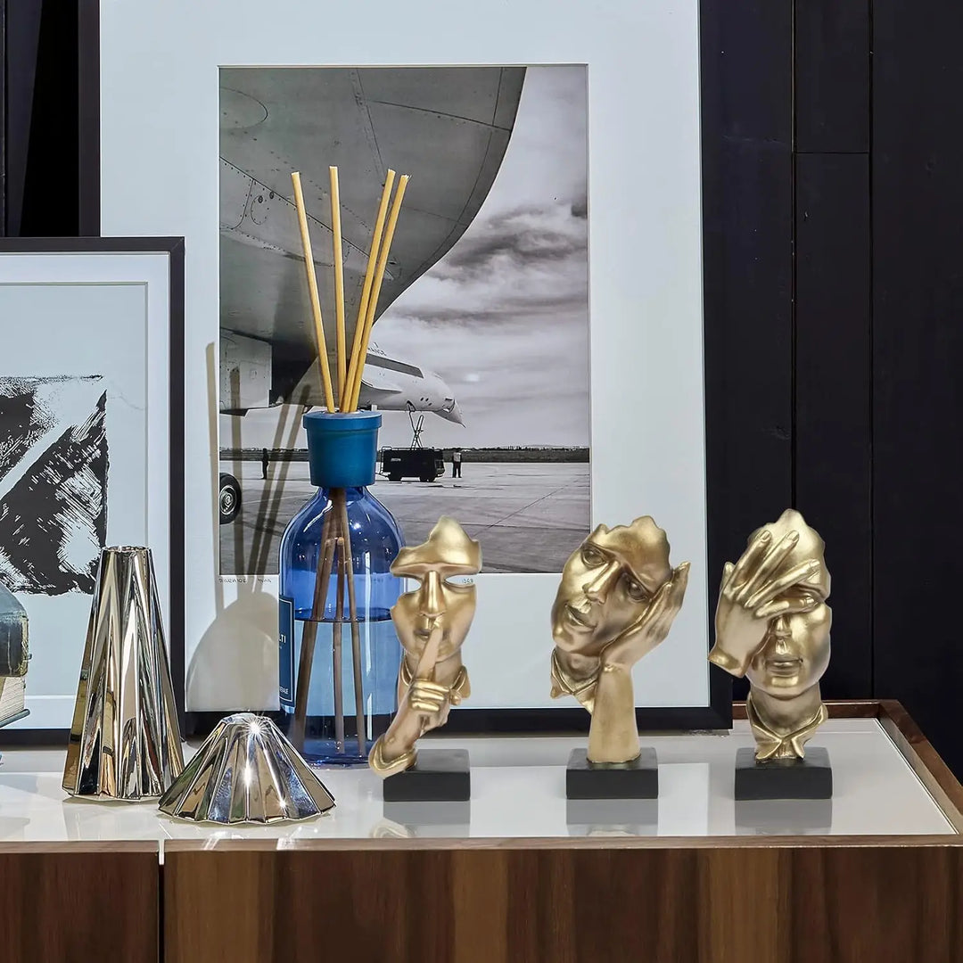 3 Pcs Thinker Statue, Silence is Abstract Art Figurine,  Modern Home Resin Sculptures Decorative Bookshelf Desktop(Gold), A-41