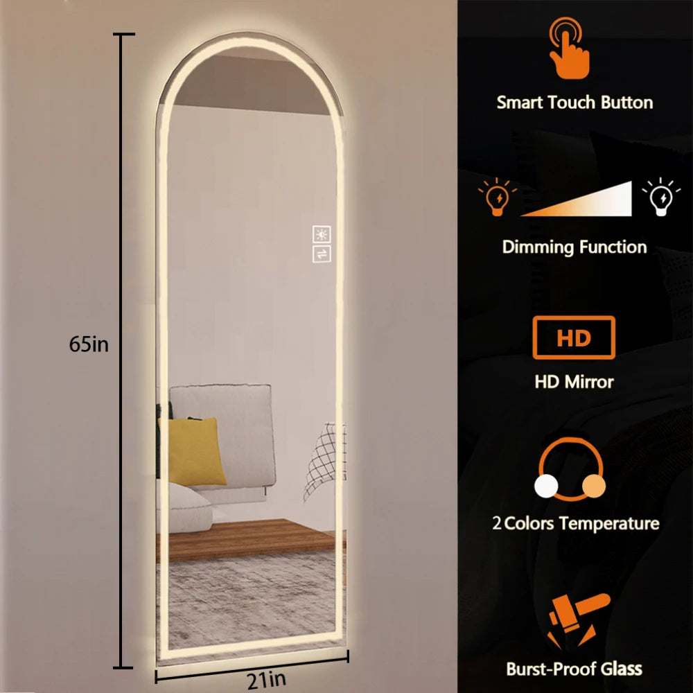 65" x 21" Arch Design LED Full Length Mirror ,Dimmable,  High Definition & Explosion-Proof, Full-Length Standing or Wall
