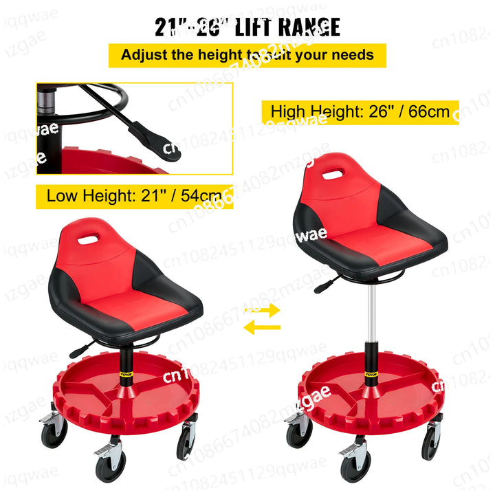 Rolling Garage Stool 300LBS Capacity 21"-26" Adjustable Height Range Mechanic Seat with Swivel Casters and Tool Tray