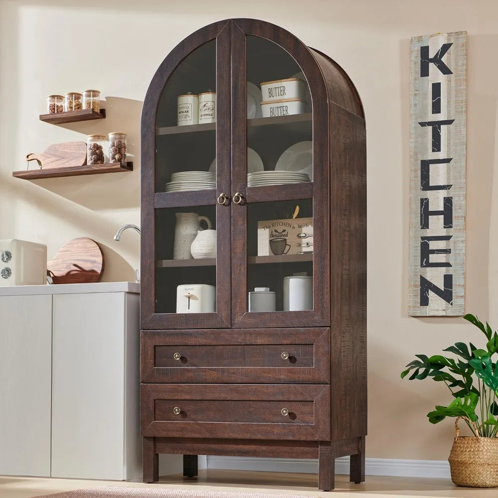 71" Tall Arched Bathroom Storage Cabinet, 4-Tier cabinet w/2 Large Drawers &Adjustable Shelves, Wooden bathroom Floor cabinets