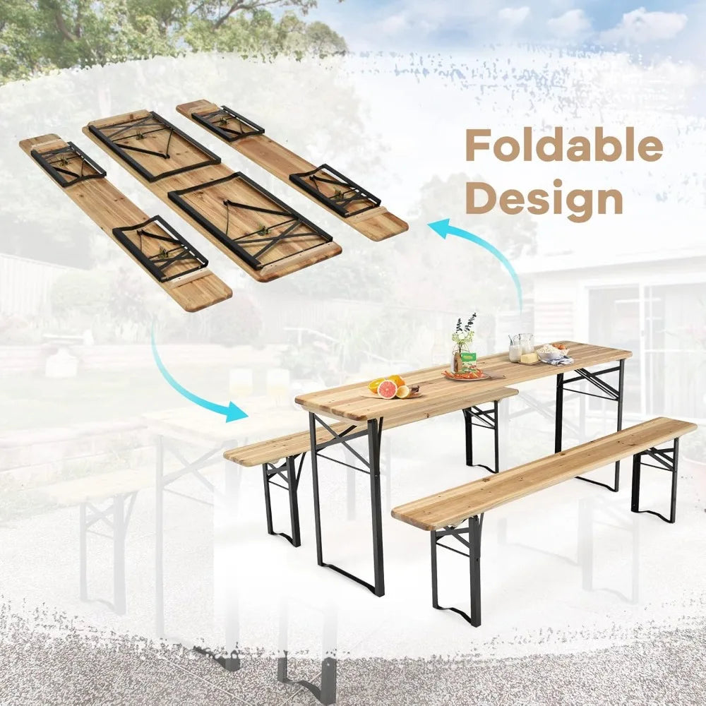 Foldable Picnic Table with Benches, 3-Piece 70” Portable Beer Garden Table with Sturdy Steel Frame, Folding Wooden Picnic