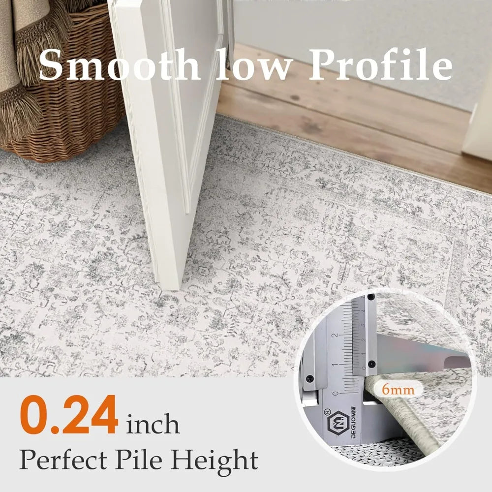 Vintage-Style 6x9 Area Rug, Machine Washable, Distressed Look, Non-Slip, Grey Floral Pattern for Living Room and Bedroom