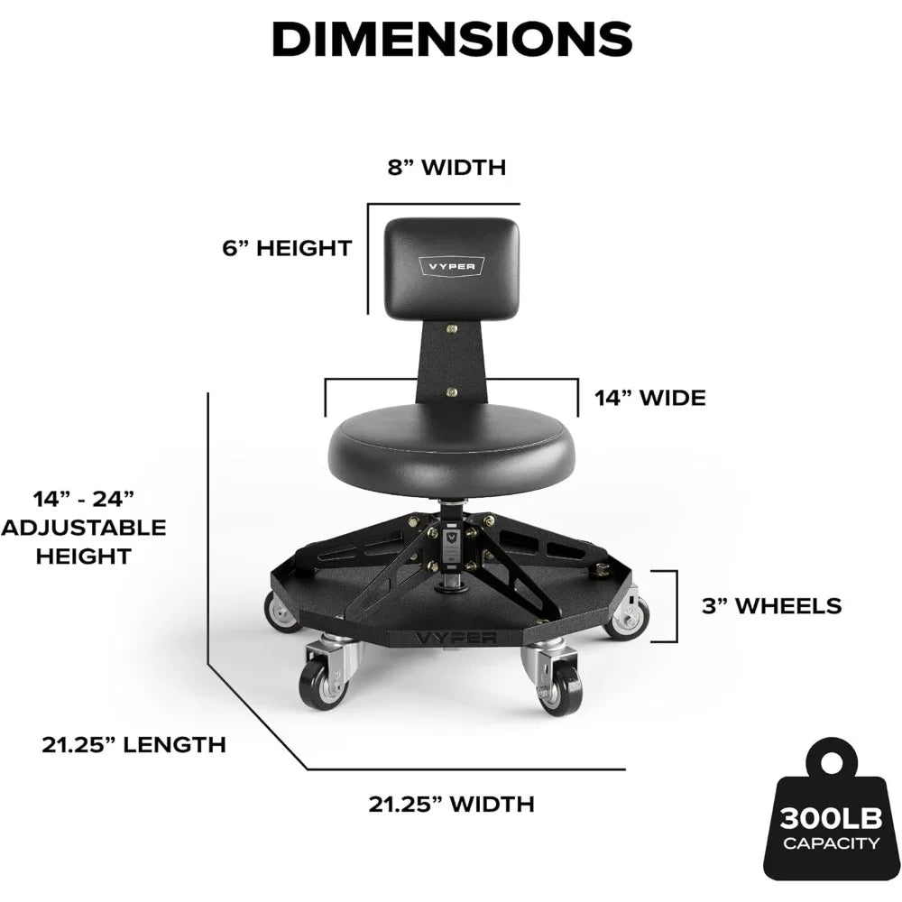 Steel Sport Shop Chair for Mechanics, Automotive, DIY - 300 lb Capacity Garage Stool with Backrest & Large Wheels