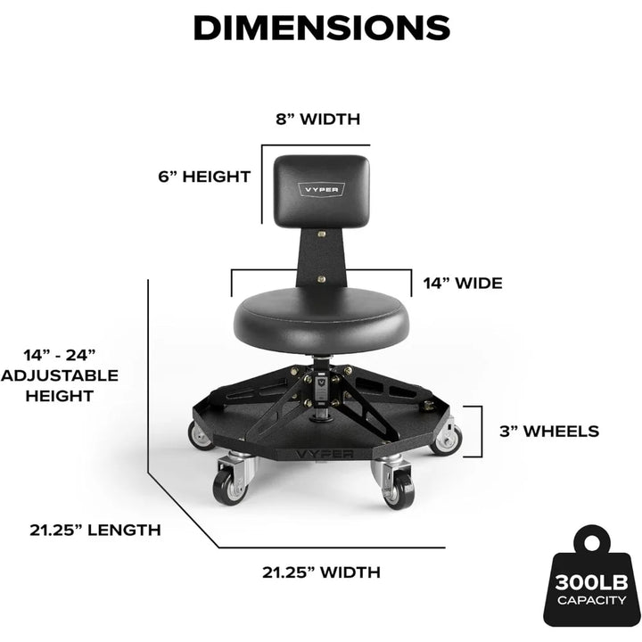 Steel Sport Shop Chair for Mechanics, Automotive, DIY - 300 lb Capacity Garage Stool with Backrest & Large Wheels