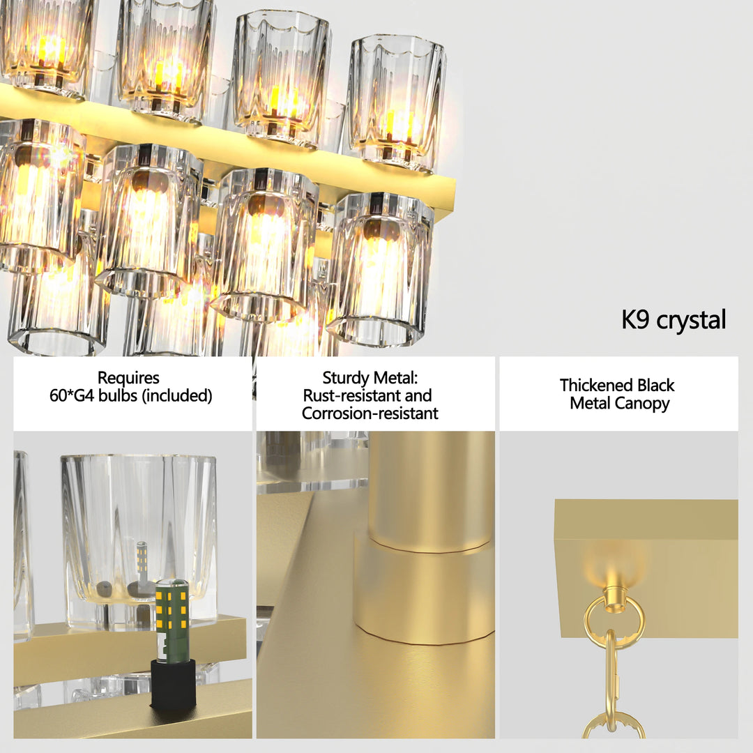 Crystal Gold Rectangular Chandelier for Dining Room, 54in Dining Room Chandelier over Table, Modern Chandelier