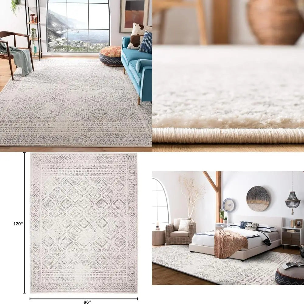 Moroccan-Style Bohemian Distressed Area Rug 8x10 - Large Size, Ivory and Grey Tones, Easy to Clean and Non-Shedding