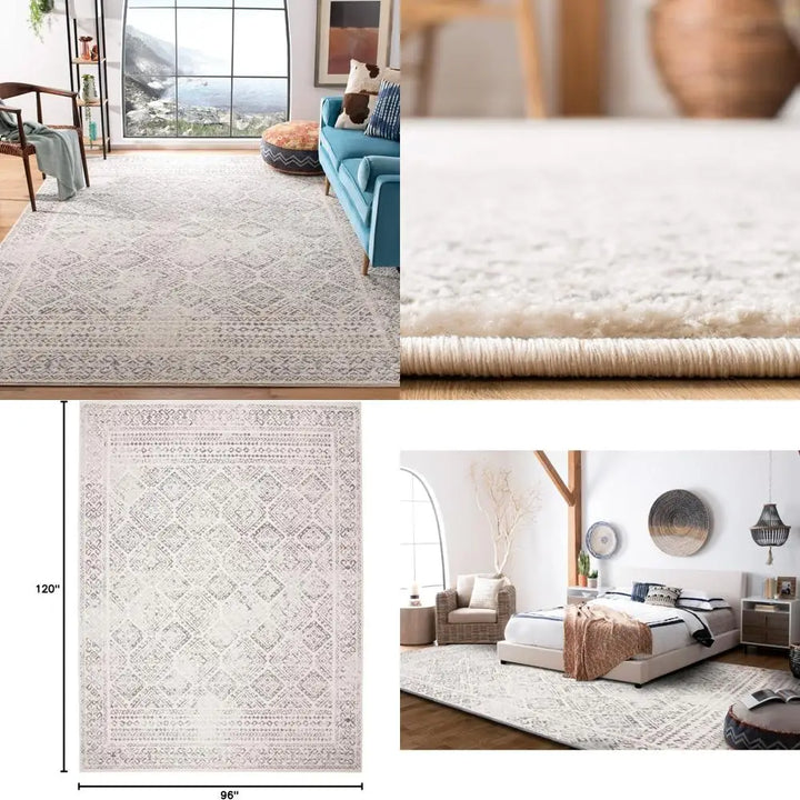 Moroccan-Style Bohemian Distressed Area Rug 8x10 - Large Size, Ivory and Grey Tones, Easy to Clean and Non-Shedding