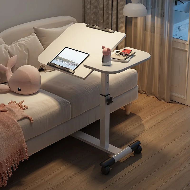 Tilting Overbed Table with Wheels, Height Adjustable Bedside Desk, 2 Tilting Desktops, Mobile Laptop Table Stand Desk