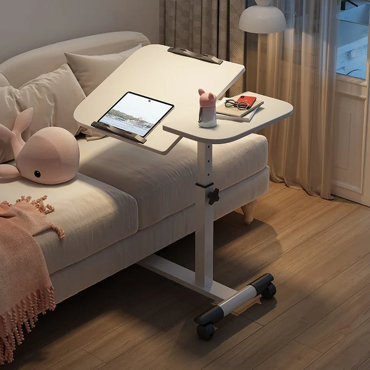 Tilting Overbed Table with Wheels, Height Adjustable Bedside Desk, 2 Tilting Desktops, Mobile Laptop Table Stand Desk