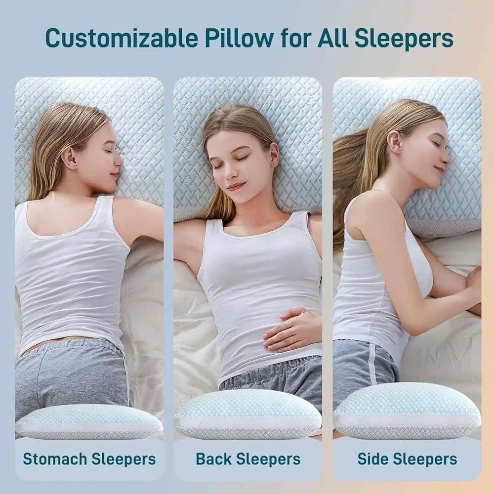 Adjustable Shredded Memory Foam Cooling Pillows Hypoallergenic Soft Plush Sleep Support Back Stomach Side Sleepers Set of 2