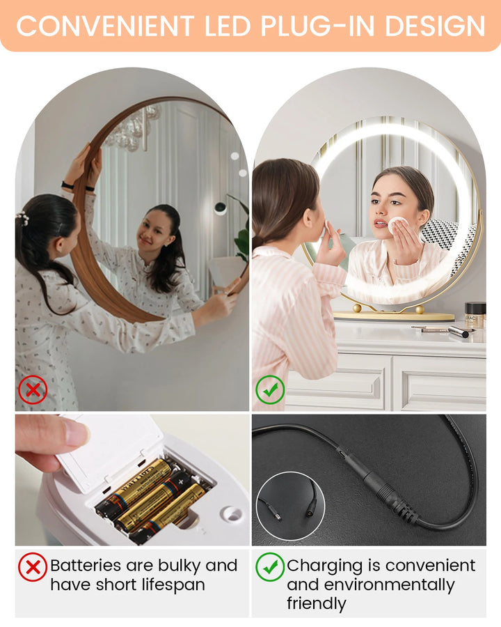 19 Inch Large Round Vanity Mirror with Lights LED Makeup Mirror Touch Control 3 Colors Lighting Dimmable for Bedroom Tabletop