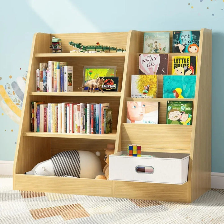 4 Tier Kids Wooden Bookshelf with Drawer, Five Layer Sling Children Bookcase, Baby Storage Book Rack, Book and Toy Orga